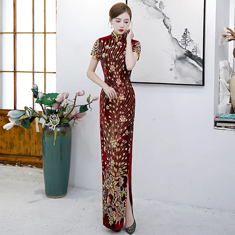 

Burgundy Luxury Gorgeous Long Fork Sequin Cheongsam Stage Show Dance Dress Elegant Sexy Slim Bodycon Qipao Fashion Gown Novelty