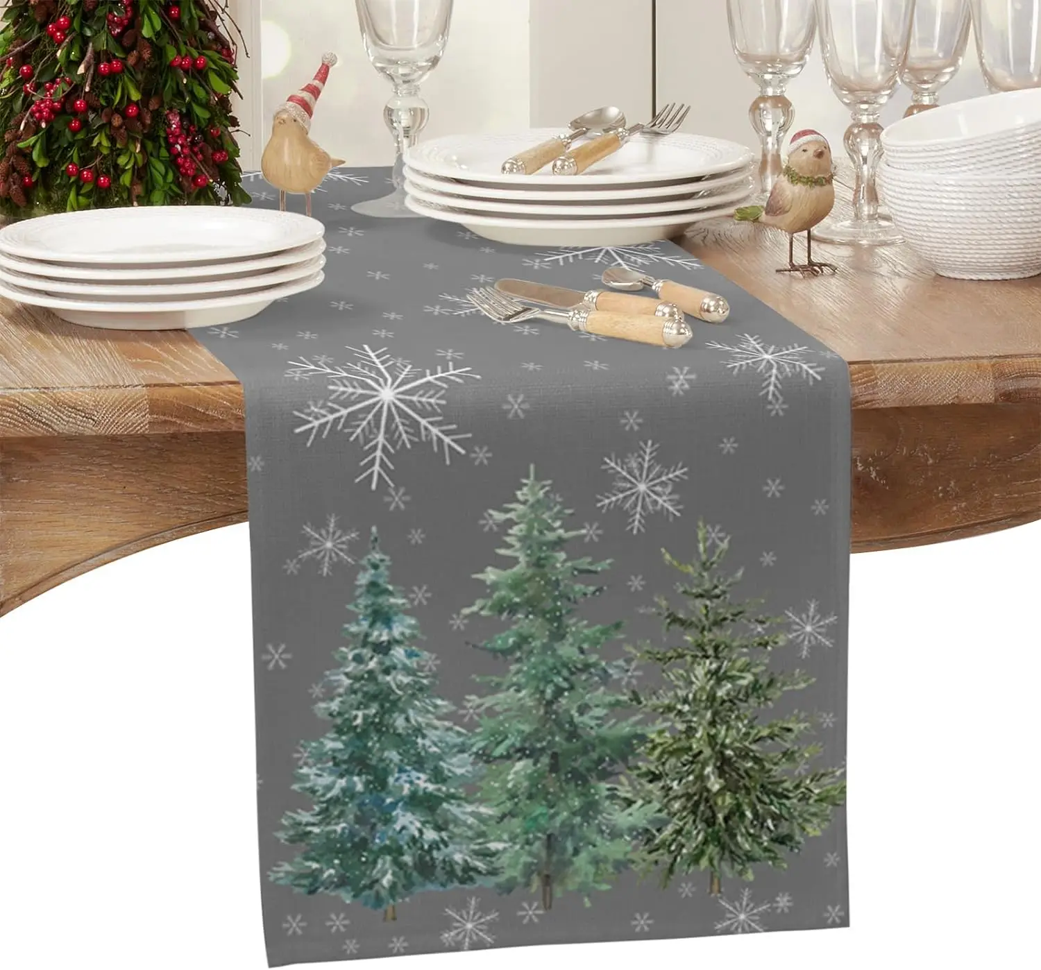 

Christmas Green Pine Tree Linen Table Runners Dresser Scarf Table Decor Xmas Snowflake Dining Table Runner Christmas Decorations