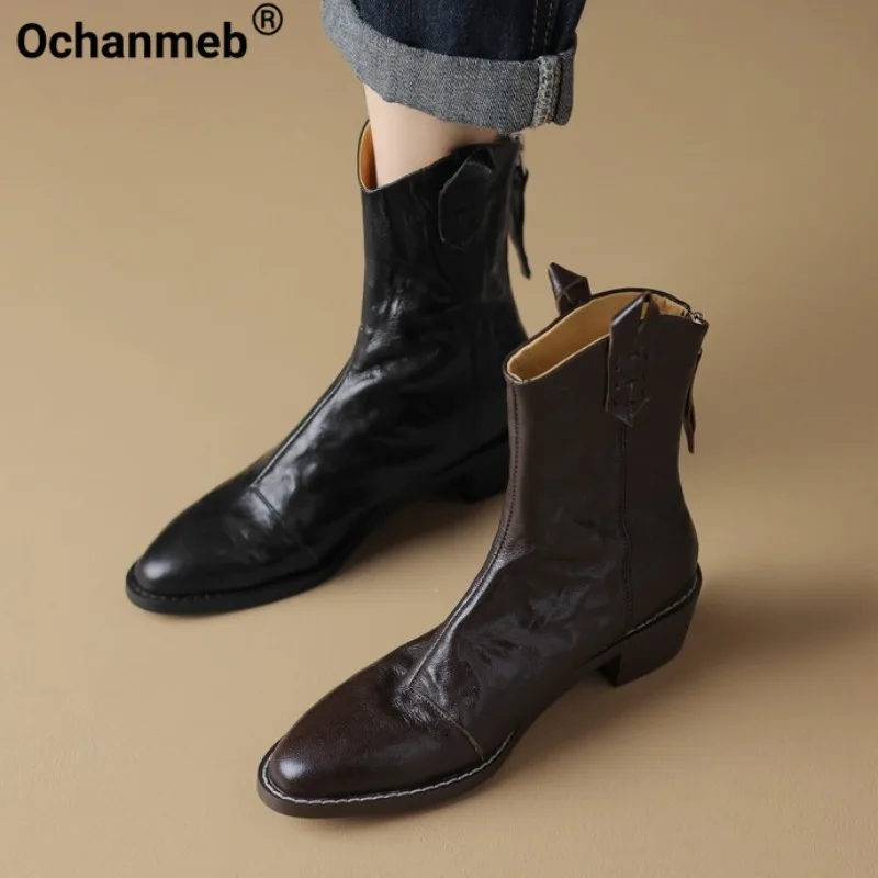 

Женские ботинки в западном стиле Ochanmeb, ботильоны из овечьей кожи на среднем блочном каблуке, Дамская ретро обувь на платформе с молнией, размеры 34-40, для осени и зимы