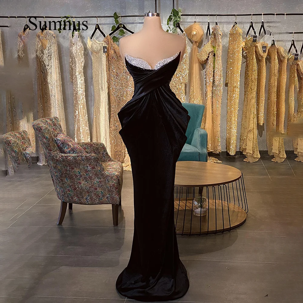 

Sumnus Black Velvet Mermaid Evening Dresses Beads Strapless Robe de Soiree Pleats Velour Maxi Formal Gowns Vestidos de Fiesta