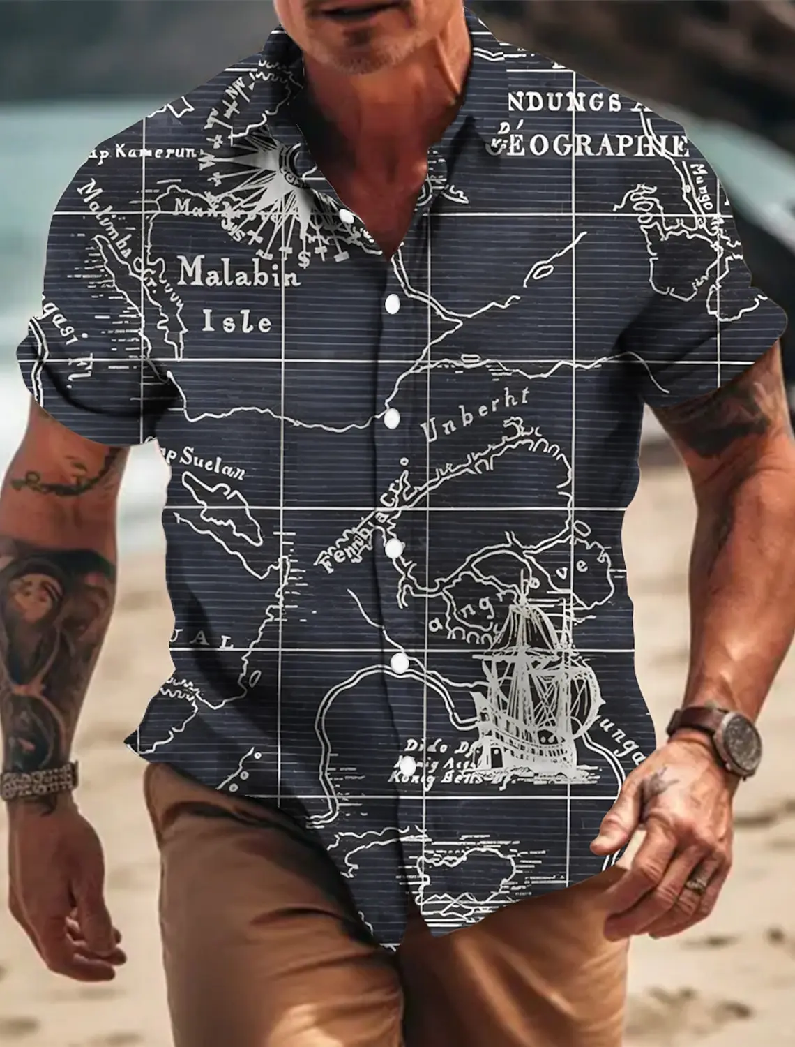 

Men's Shirt Graphic Prints Anchor Vintage Compass Sailboat Turndown Outdoor Street Short Sleeves Print Fashion Clothing Apparel