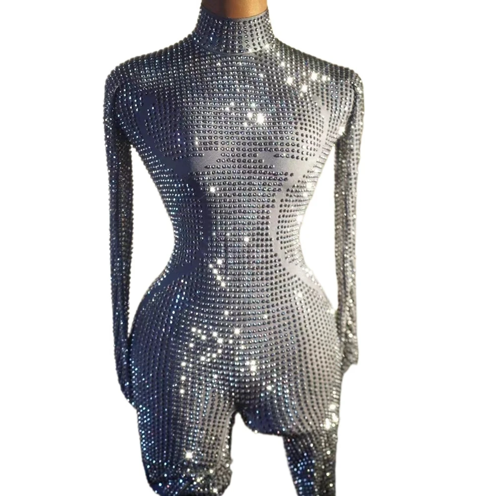 

Sparkly Silver Rhinestones Jumpsuit Long Sleeve Women Sexy Stretchy Performance Dance Costume Nightclub Singer Show Stage Wear