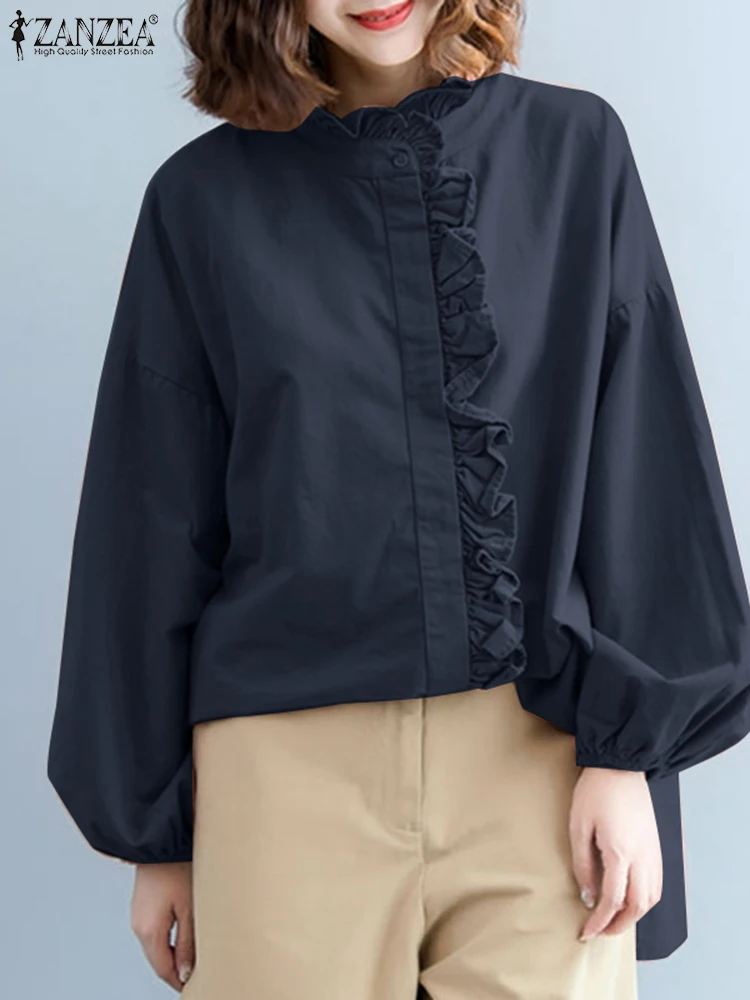

Элегантная однотонная блуза на пуговицах, модная женская рубашка ZANZEA, весенние топы с оборками, Женская Повседневная Свободная блуза с длинным рукавом-фонариком