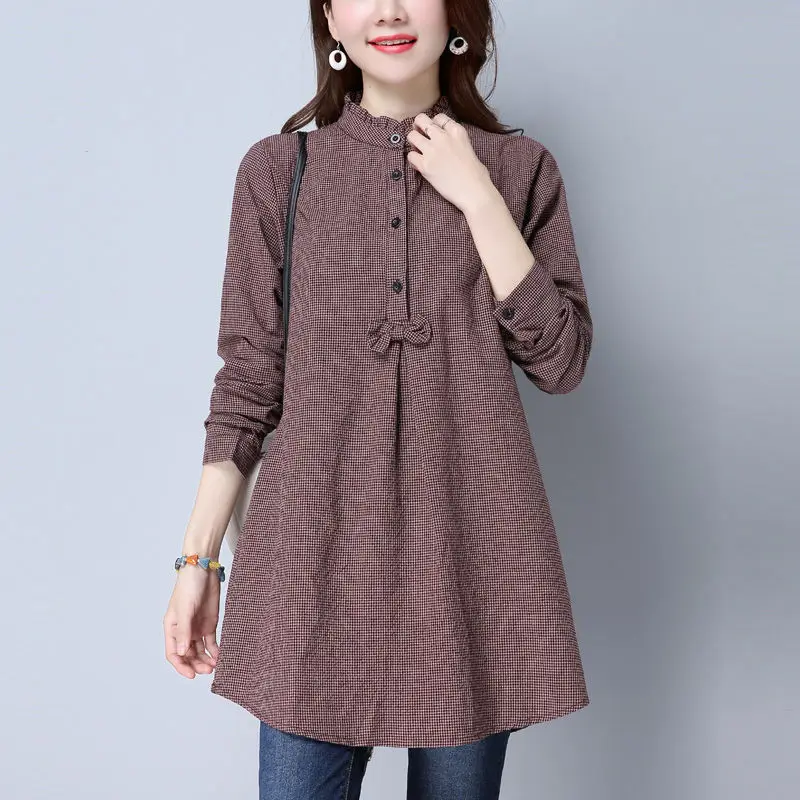Women Spring and Autumn Fashion New Stand Collar Shirts Solid Color Bow Button Plaid Splicing Leisure Versatile Mid-length Top
Women Spring and Autumn Fashion New Stand Collar Shirts Solid Color Bow Button Plaid Splicing Leisure Versatile Mid-length Top
