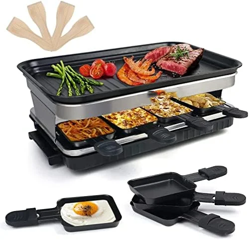 

Grills Indoor Raclette Machine Raclette Cheese Grill Kitchen Cooker Smokeless Grill for 6 8 Person, 8 Non-Stick Mini Grill Pans