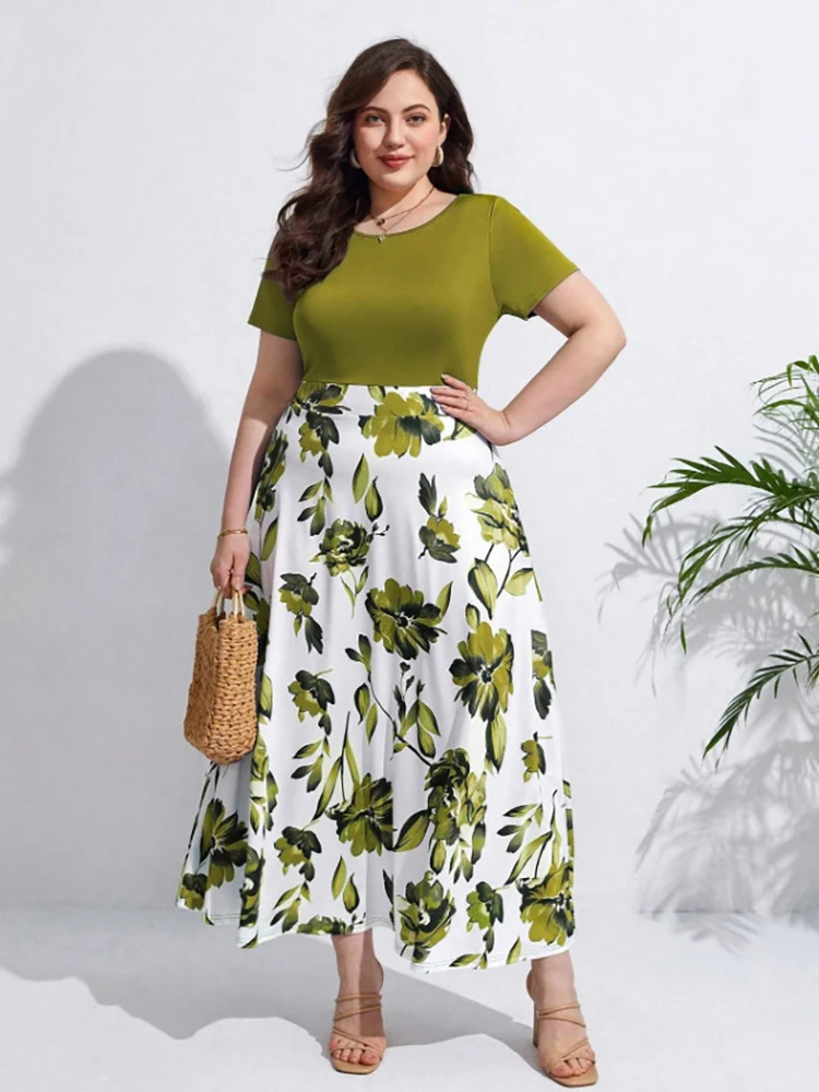 Women's fashionable temperament new plus size color block digital printed short sleeved round neck A-line elegant dress
Women's fashionable temperament new plus size color block digital printed short sleeved round neck A-line elegant dress