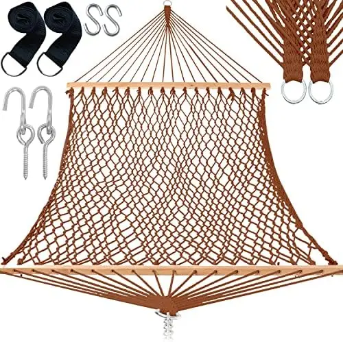 

Hammocks 59" Width with Tree Straps, Traditional Hand-Woven Double Rope Hammock with Free Chains and Hooks, Hardwood Spreade Air