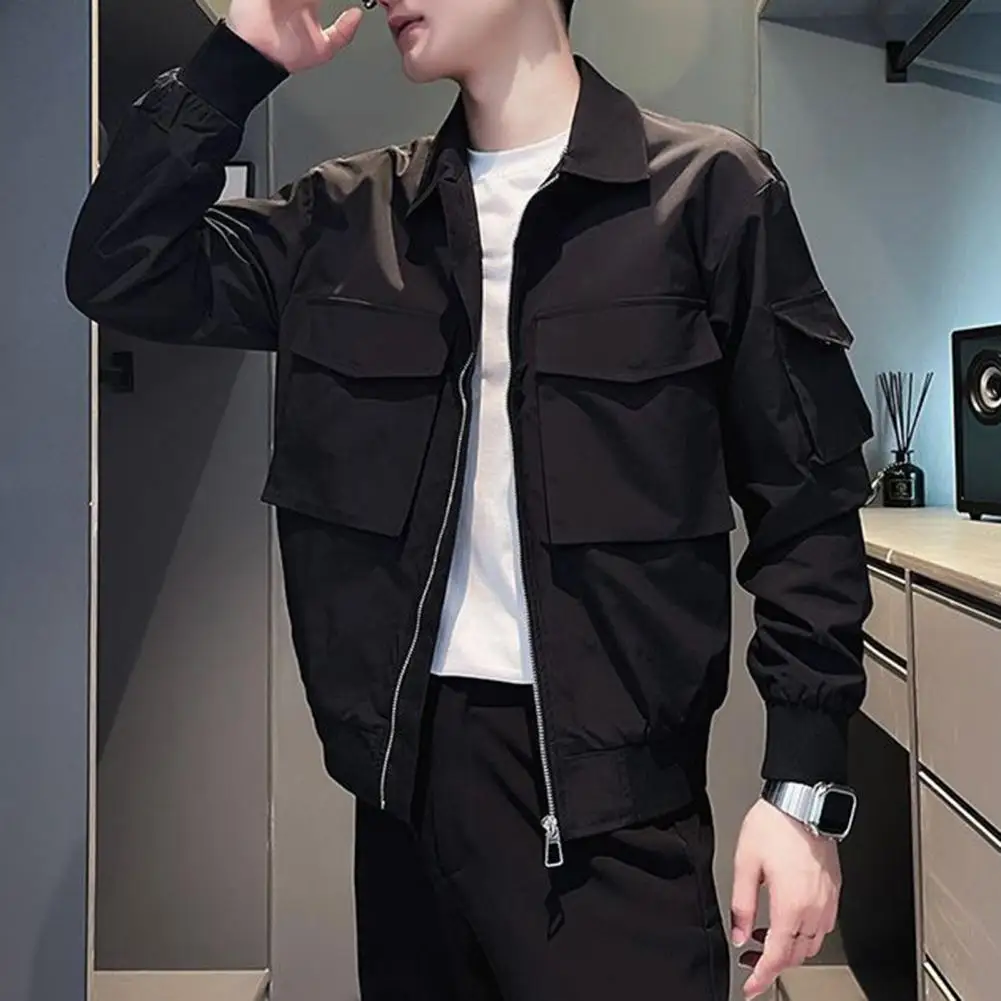 

Loose Fit Workwear Jacket Hip Hop Streetwear Men's Jacket with Multiple Pockets Zipper Closure Lapel Buttons Casual Solid for A