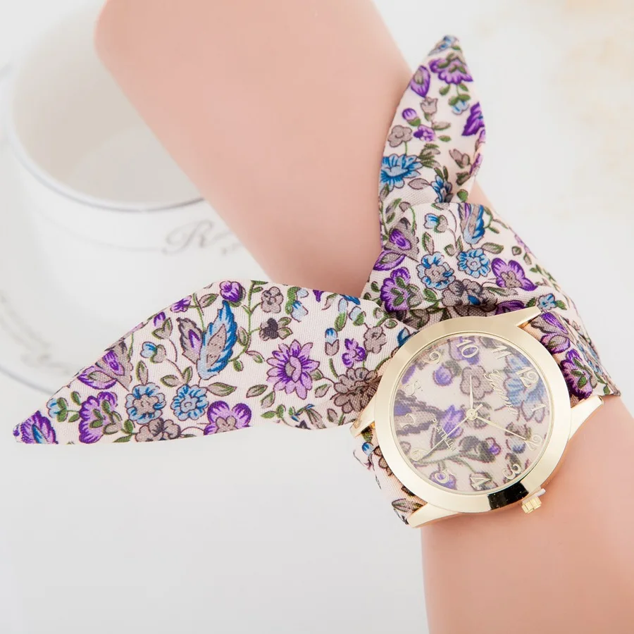 

Shiny Personality Without Clasps Tied Floral Strap Girls Watch Fashion Fabric Shi Ying Bracelet hand accessories