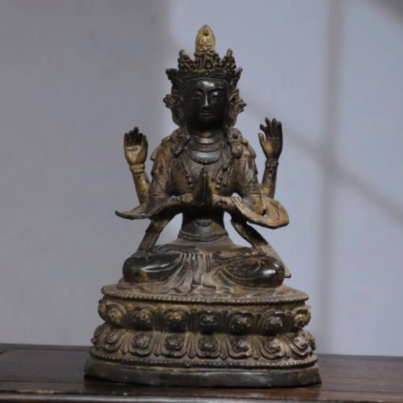 

9.5" Antique Tibet Tibetan Buddhism temple Bronze gilt Four Arms Guanyin statue