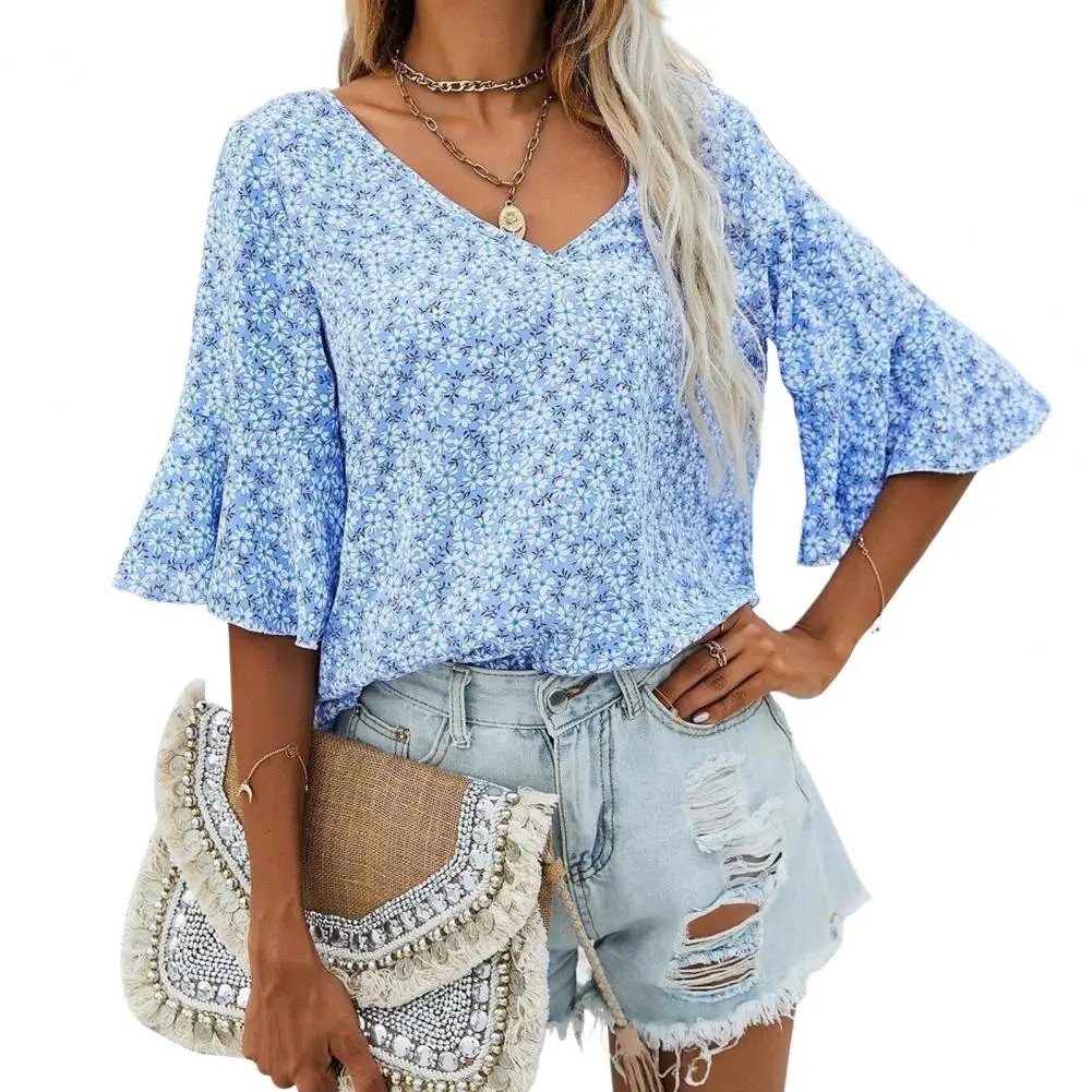 V-neck Ruffle Half Sleeve Thin Women T-shirt Breathable Summer Floral Print Loose Chiffon Tee Shirt Daily Garment Tops
V-neck Ruffle Half Sleeve Thin Women T-shirt Breathable Summer Floral Print Loose Chiffon Tee Shirt Daily Garment Tops