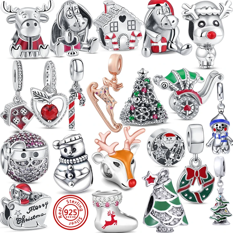 

925 Sterling Silver Christmas Series Tree Elk Santa Claus Snowman House Socks Beads Fit Original Pandora Charms Bracelet Jewelry