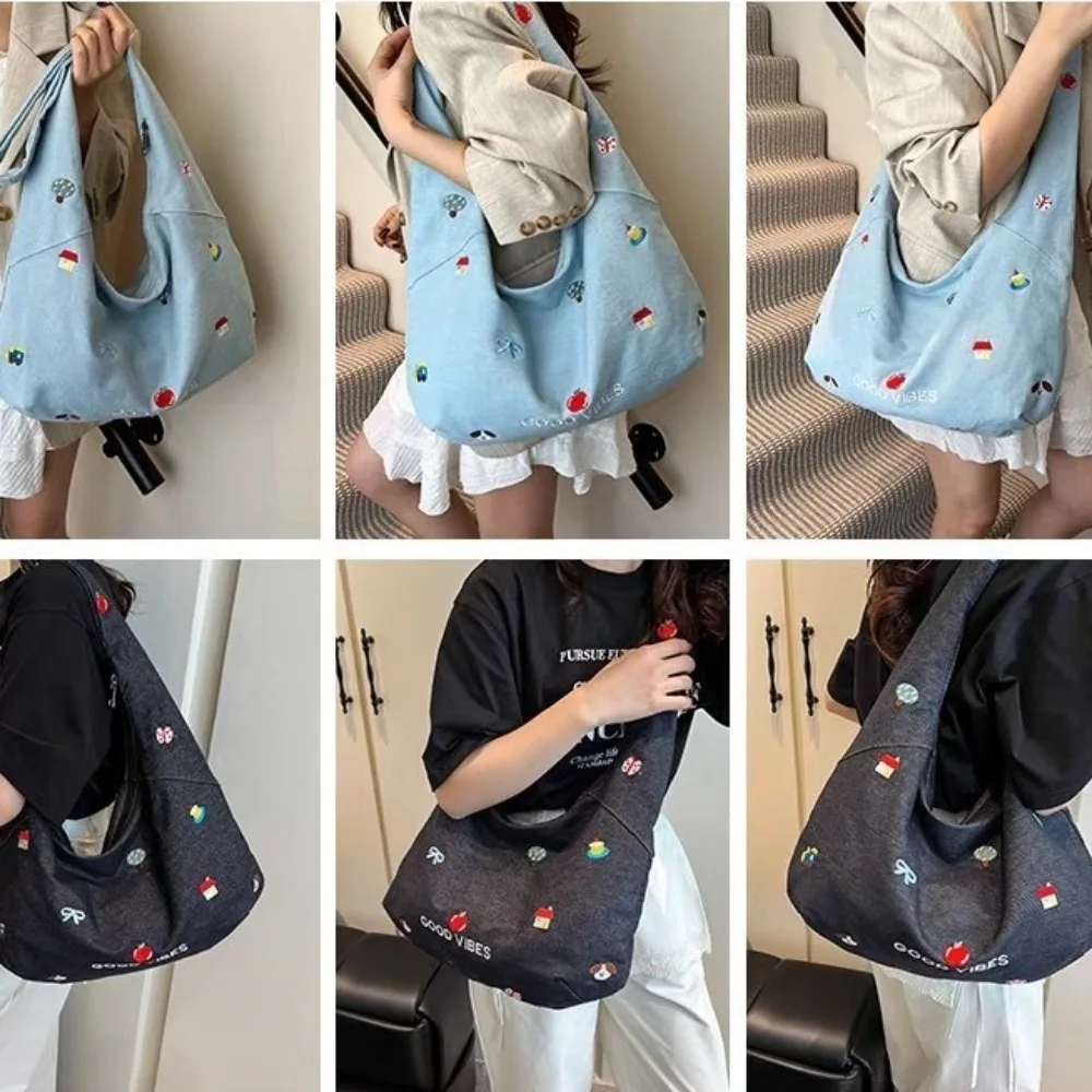 Zipper Closure Shoulder Bag Embroidered Design Korean Style Canvas Bag Sweet Style Cute Design Large-capacity Bag Class Use Zipper Closure Shoulder Bag Embroidered Design Korean Style Canvas Bag Sweet Style Cute Design Large-capacity Bag Class Use