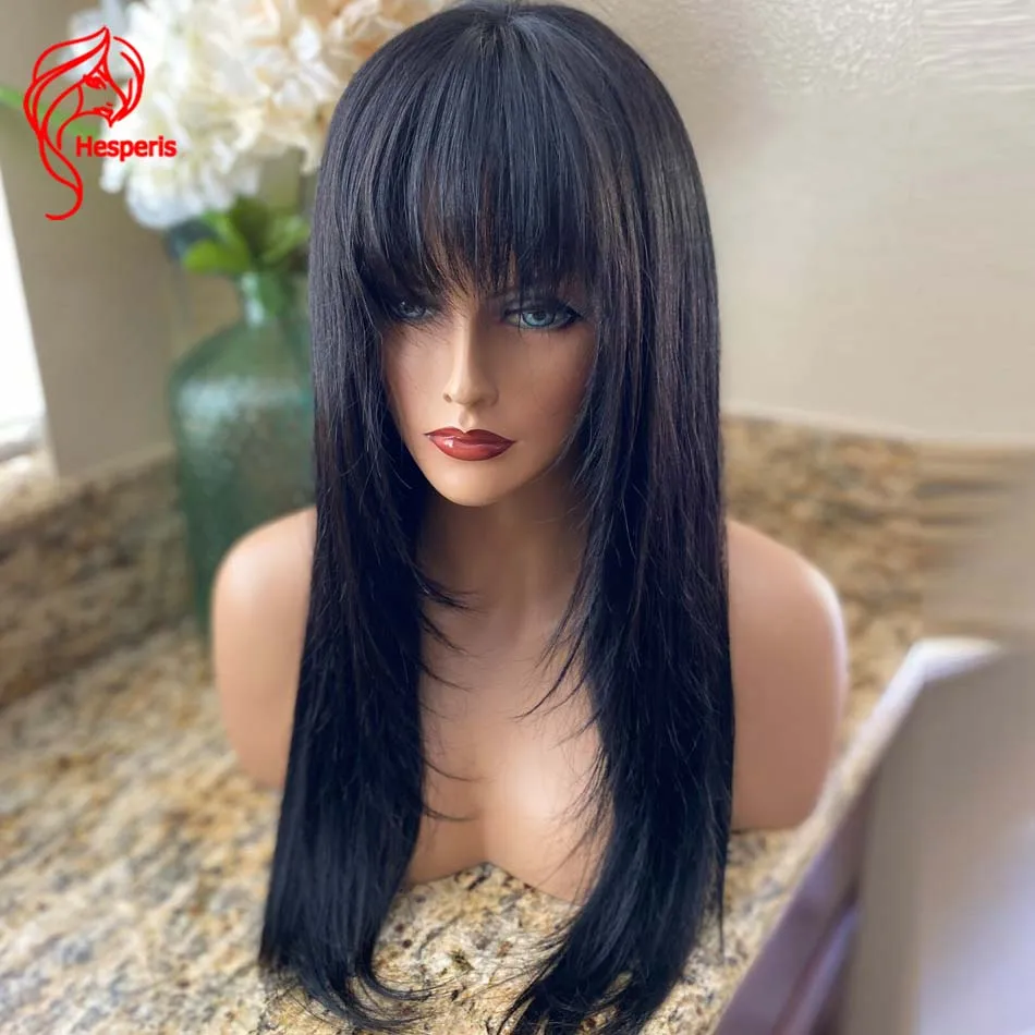 

Hesperis Straight Scalp Top Full Machine Made Wig Brazilian Remy Natural Color Layered Human Hair Wig With Bangs Wear And Go