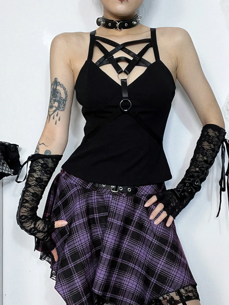 

2024 New Vintage Gothic Pentagram Basic Sling Top Women Punk Sexy Sleeveless Camis Summer Backless Bandage Crop Tops Streetwear