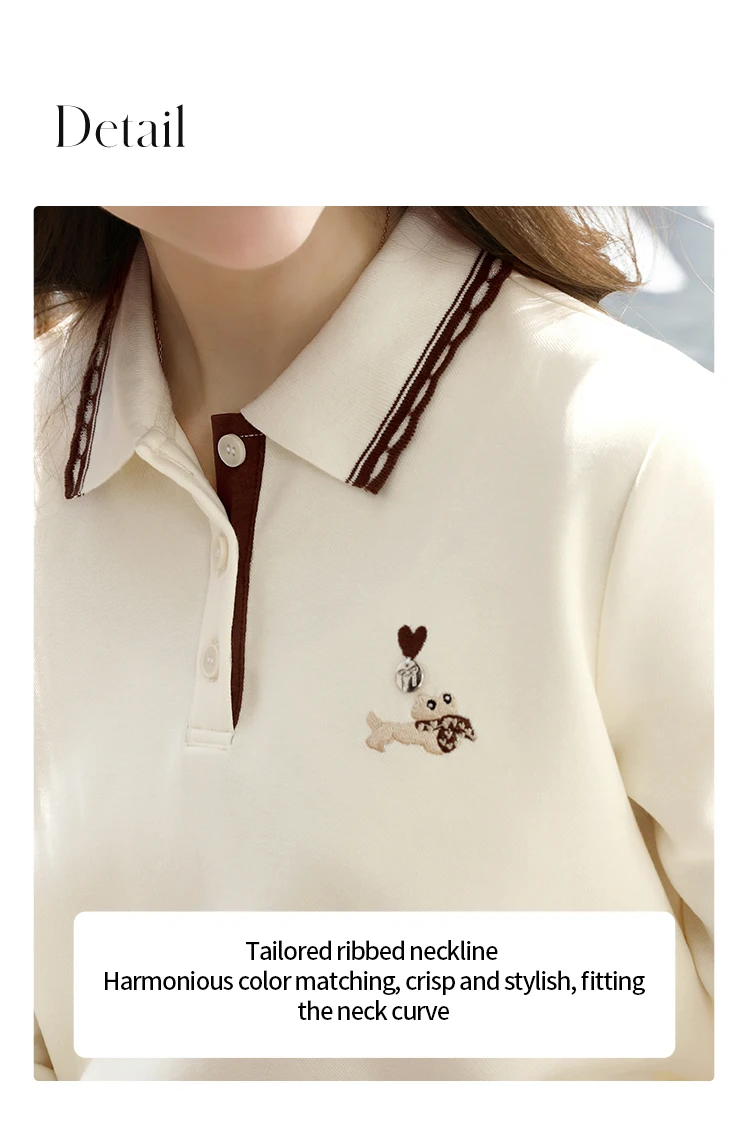 I BELIEVE YOU Polo Neck Long Sleeved T-shirt for Women Autumn 2025 Apricot Casual Tees Contrast Color Embroidery Top 2253016181 96 Se738ccc4480b47a88f8161d8d1ffa324A