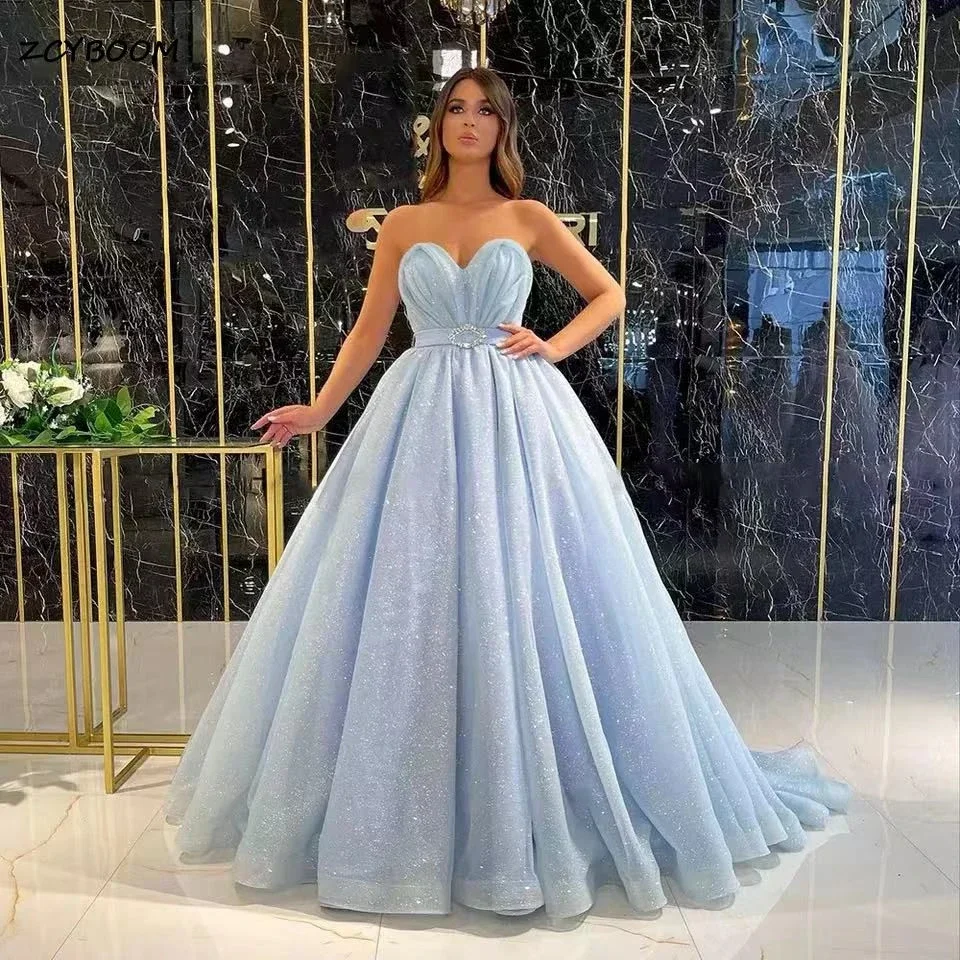 

Charming Blue Tulle Sweetheart Off Shoulder A-line Prom Dresses Fluffy Sequin Pleated Graduation Dress Evening Dresses 2023