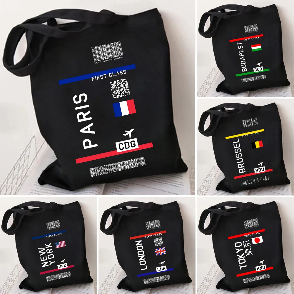 

Paris New York London Flight Ticket First Class Women Canvas Shoulder Bag Black Handbags Totes Eco Reusable Cotton Shopping Bags