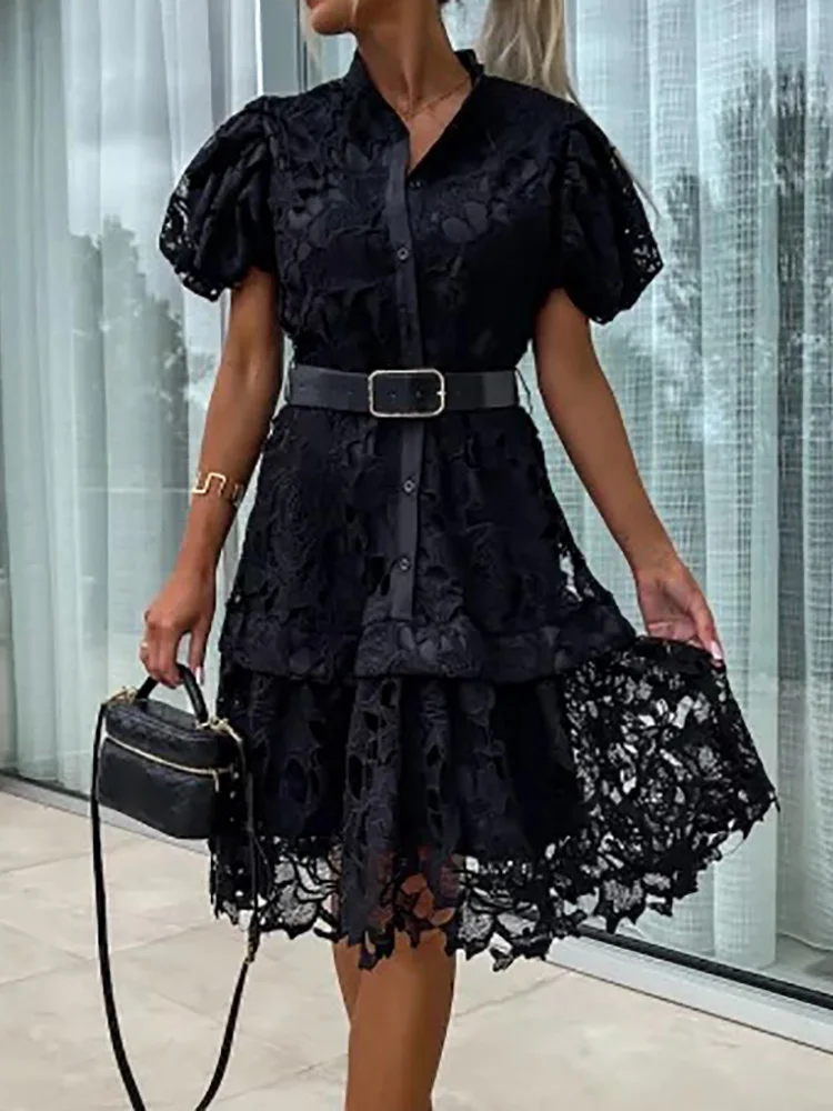 Short Puff Sleeve Loungewear Cardigan Dress, Women Summer Stand Collar Fashion Party Dress, New Lace Patchwork Belt Ladies Dress
Short Puff Sleeve Loungewear Cardigan Dress, Women Summer Stand Collar Fashion Party Dress, New Lace Patchwork Belt Ladies Dress