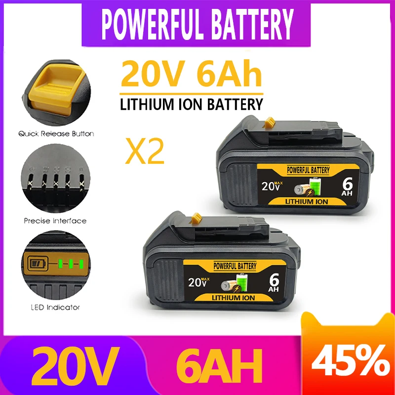 20V 6.0Ah Replaceable Li-ion Battery Compatible for Dewalt 18V MAX Power Tools 18650 Batteries With Charger DCB200
20V 6.0Ah Replaceable Li-ion Battery Compatible for Dewalt 18V MAX Power Tools 18650 Batteries With Charger DCB200