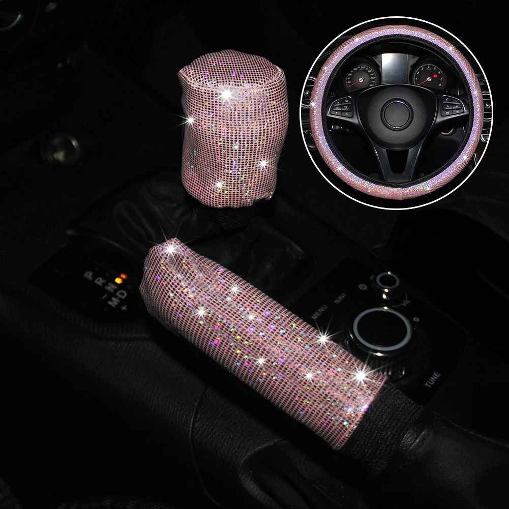 

1pcs Steering Wheel Cover Glitter Bling Handbrake Cover Size: 37-38cm Gear Cover Pink 14.56-14.96 Inches 3PCS/set Car Interior