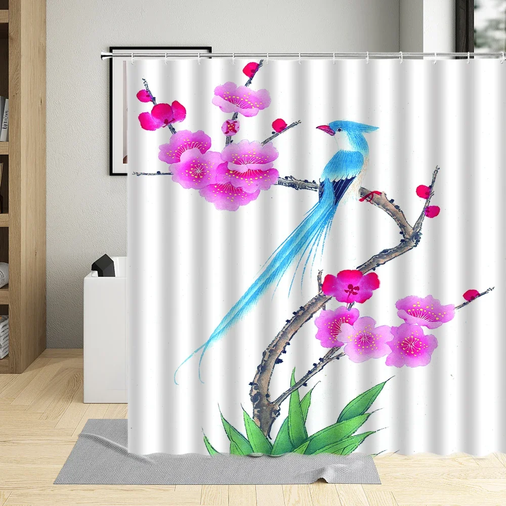 

Chinese Style Colorful Blooming Flower Peony Bird Animal Shower Curtain Polyester Fabric Waterproof Bath Curtains With 12 Hooks