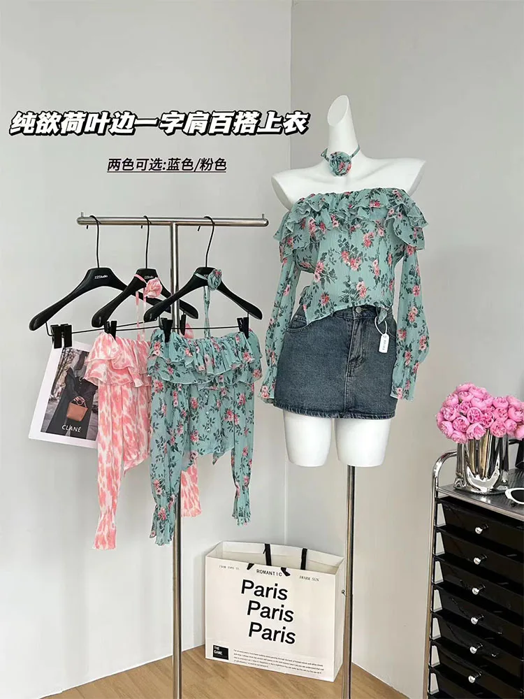 

Woman T-Shirts Tees Crop Top Crochet Top Sexy All-match Sweet Gyaru Japanese Fashion Casual Patchwork Print Slash Neck Chiffon