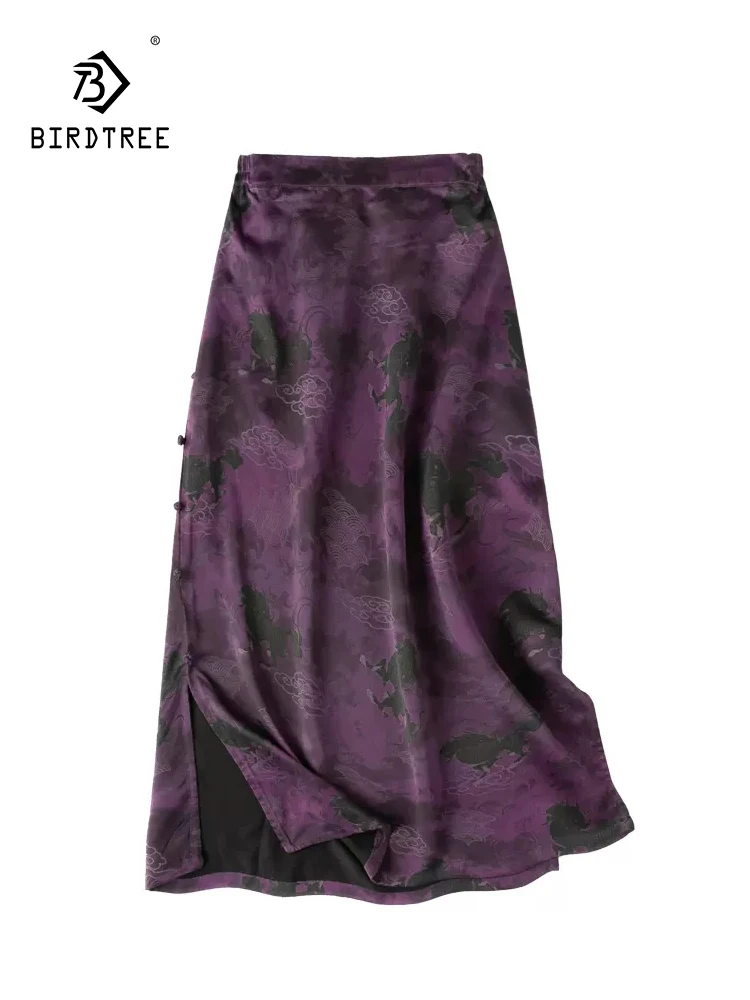 

BirdTree, 45MM 100%Real Silk XiangYunSha Retro Skirt, Women Elastic Waist Printed, Simple Hip Wrap Skirt, 2024 Summer B432104QC