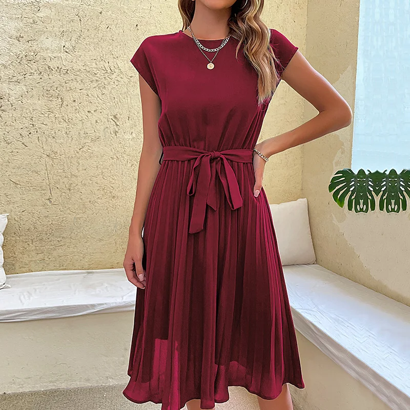 2023 New O Neck Short Sleeve Solid Color Fold Chic Pleated Dress Summer Holiday Women Dresses 
2023 New O Neck Short Sleeve Solid Color Fold Chic Pleated Dress Summer Holiday Women Dresses