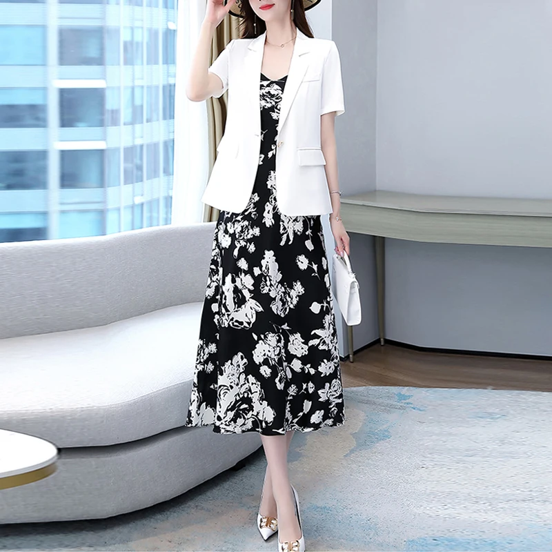 Женский Повседневный офисный костюм из двух предметов, белый пиджак и кофта с коротким рукавом и платья с принтом на бретелях-спагетти, на лето
Женский Повседневный офисный костюм из двух предметов, белый пиджак и кофта с коротким рукавом и платья с принтом на бретелях-спагетти, на лето