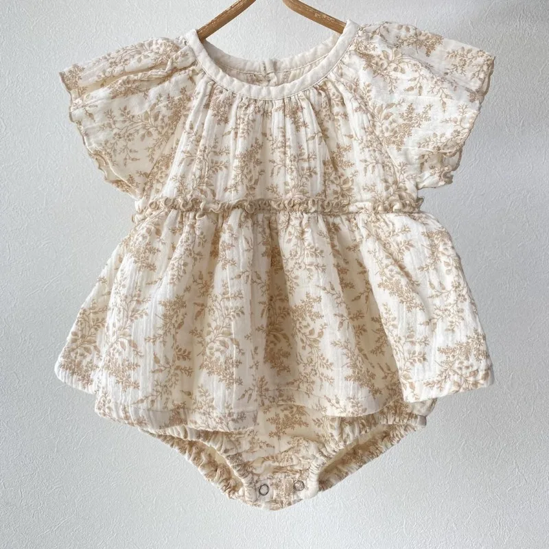 

HoneyCherry Summer New Baby Cotton Printed Flying Sleeve Bodysuit Hatskirt Girl's Baby Fashion Outing Crawling Suit