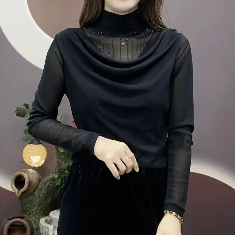 Spring Autumn Women's Clothing Solid Color T-shirt Half High Collar Gauze Spliced Chic Bright Silk Long Sleeve Commute Pullovers
Spring Autumn Women's Clothing Solid Color T-shirt Half High Collar Gauze Spliced Chic Bright Silk Long Sleeve Commute Pullovers