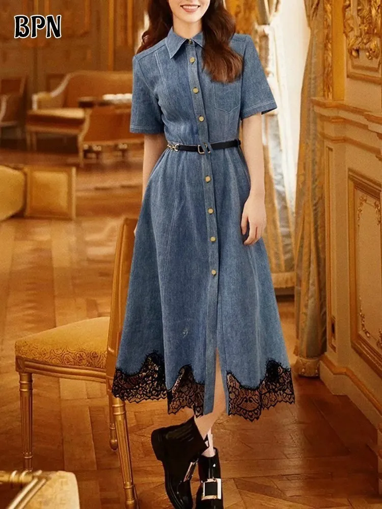 BPN Casual Patchwork Lace Denim Dresses For Women Lapel Short Sleeve Spliced Belts A Line Long Dress Female Fashion Clothing New
BPN Casual Patchwork Lace Denim Dresses For Women Lapel Short Sleeve Spliced Belts A Line Long Dress Female Fashion Clothing New