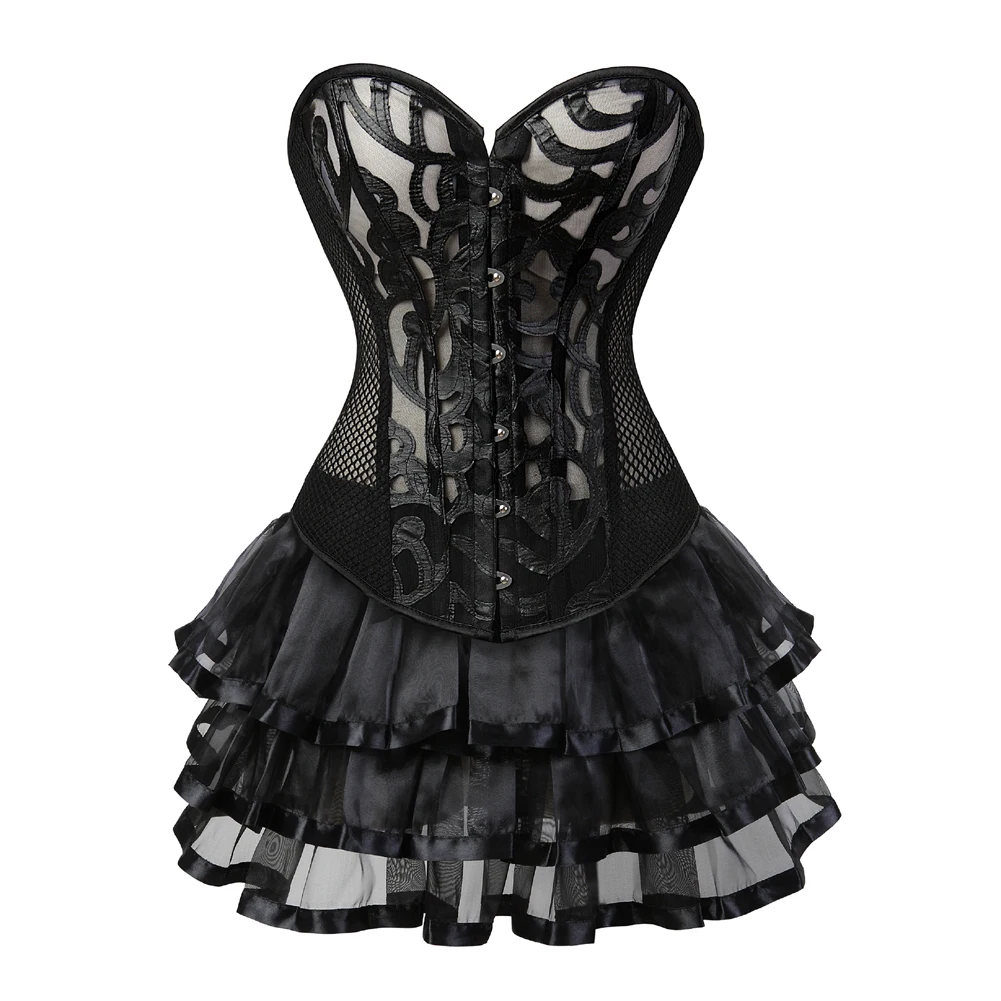 Sexy Corset Dress WomenTransparent Hollow Net Overbust Corset with Mini Skirt Slim Lace Up Bustiers Lingerie Top Plus Size S-6XL
Sexy Corset Dress WomenTransparent Hollow Net Overbust Corset with Mini Skirt Slim Lace Up Bustiers Lingerie Top Plus Size S-6XL
