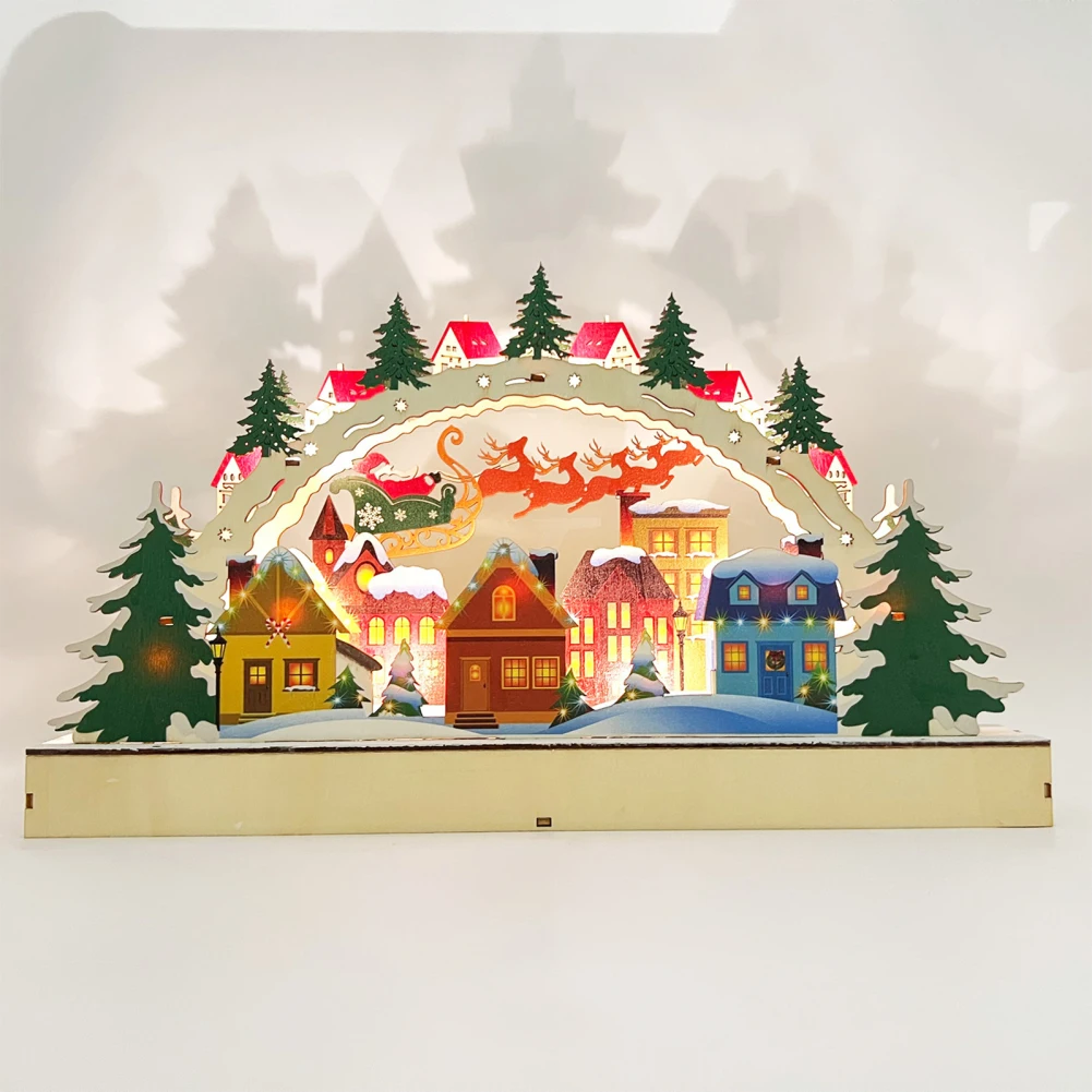 

1pcs Wood Bridge Village LED Wooden Ornaments Collectible Christmas Decorations Battery Operated Gifts For Holidays Festivals