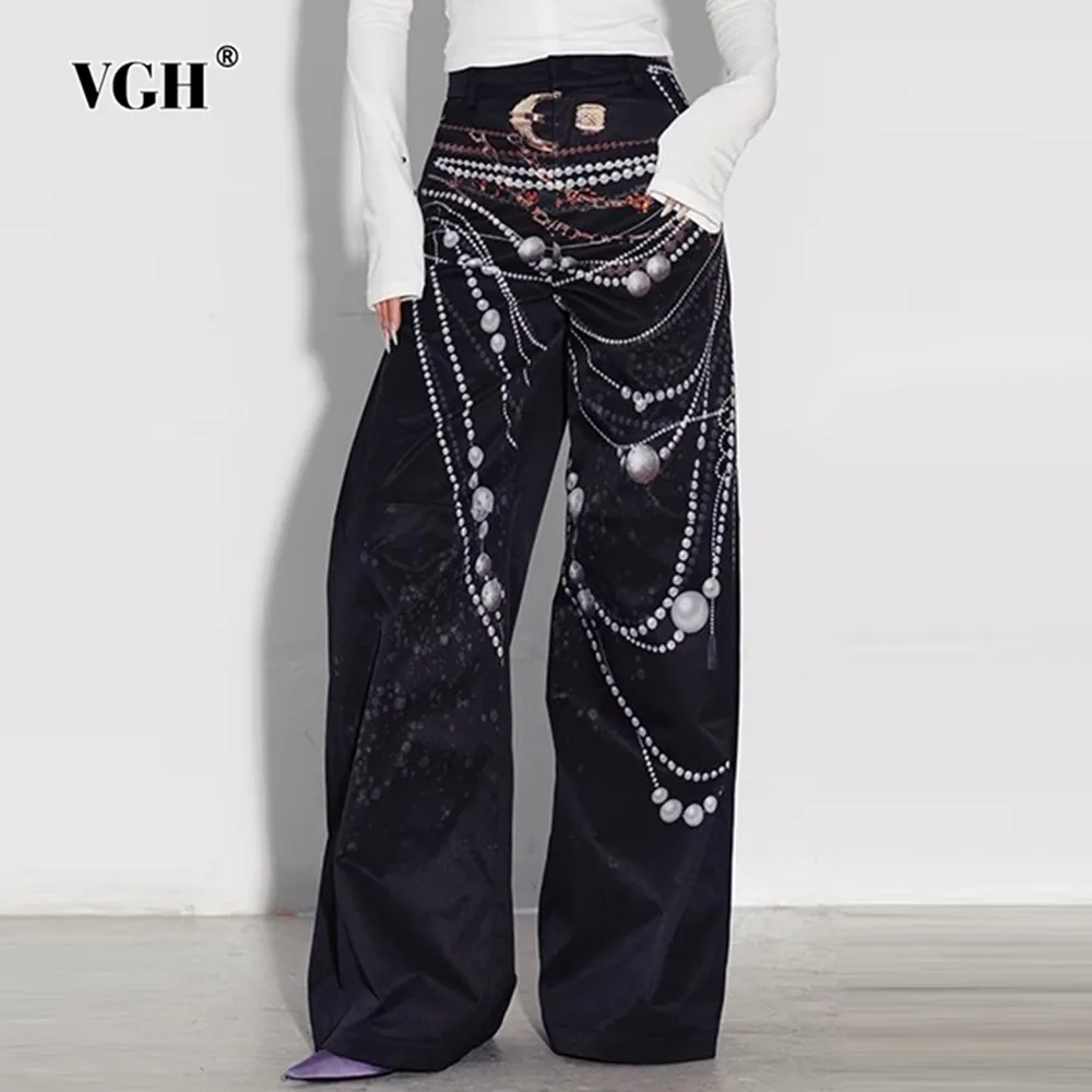 

VGH Hit Color Patchwork Pocket Wdie Leg Pants For Women High Waist Spliced Zipper Minimalist Loose Full Length Trousers Female