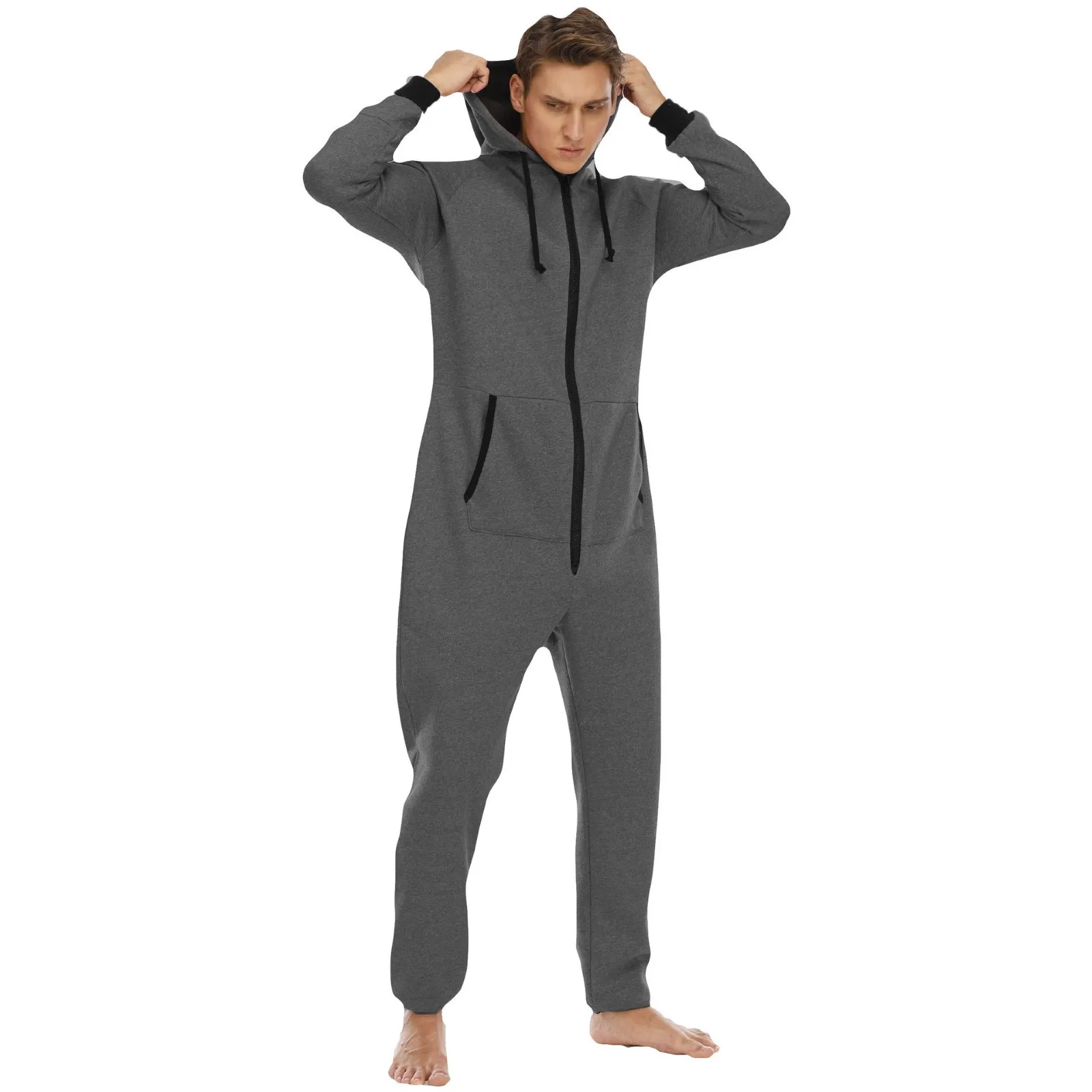 

Mens Solid Color Onesies Homewear Zip Up Hooded Oversized Jumpsuit Spring Autumn Sleepwear Playsuits Overalls Male Loungewear