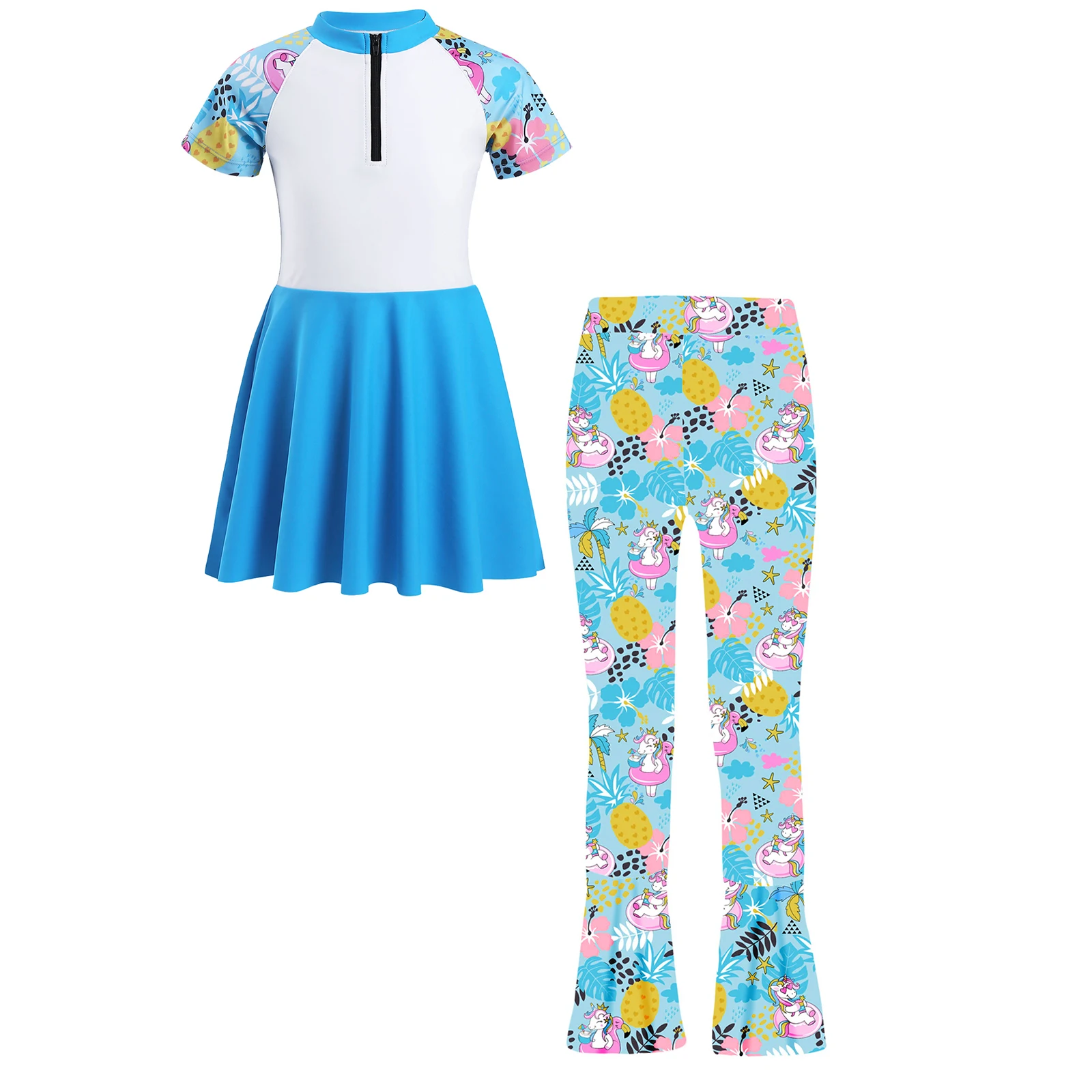 2pcs Kids Girls Swimwear Set Short Sleeve Mock Neck Front Zipper Swim Dress with Printed Swim Flared Pants for Swimming Holiday
2pcs Kids Girls Swimwear Set Short Sleeve Mock Neck Front Zipper Swim Dress with Printed Swim Flared Pants for Swimming Holiday
