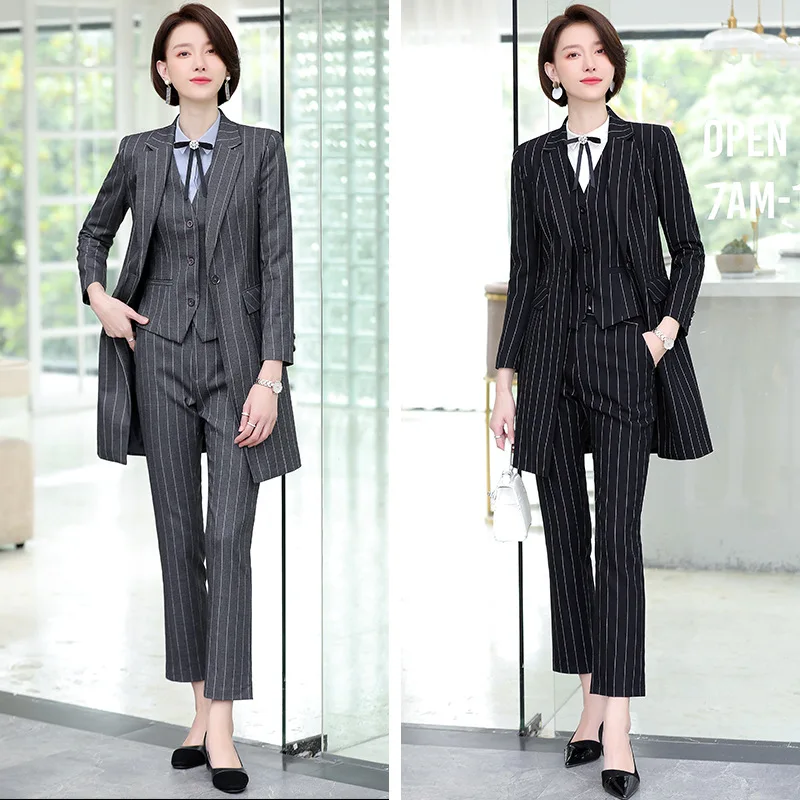 Wholesale 3 Pieces Suit Set Striped Vest Pant Suit Office Lady Work Wear for Women Long Blazer Jacket with cropped Trouse
Wholesale 3 Pieces Suit Set Striped Vest Pant Suit Office Lady Work Wear for Women Long Blazer Jacket with cropped Trouse