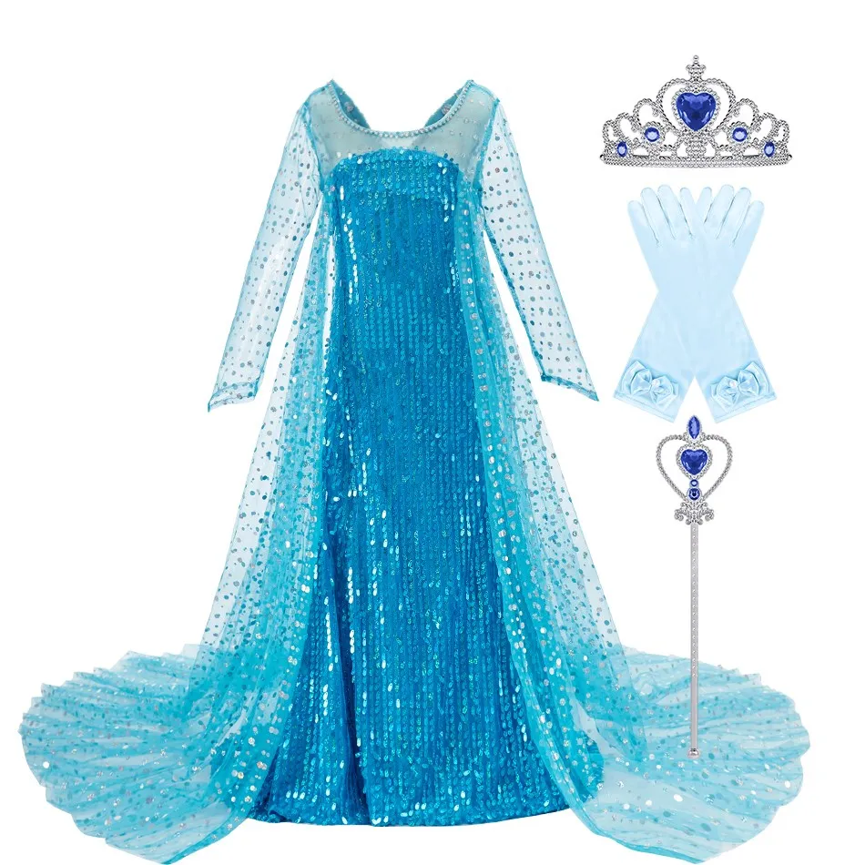 

Little Girl Princess Dress Elsa Cosplay Costume Blue Elsa Wig Crown Magic Wand Children Christmas Halloween Costume 3-10 Years