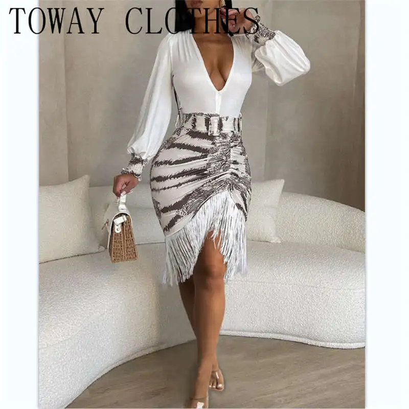 

Dress For Women 2023 Tie Dye Zebra Stripe Print Plunge Ruched Tassel Design Bodycon Dress