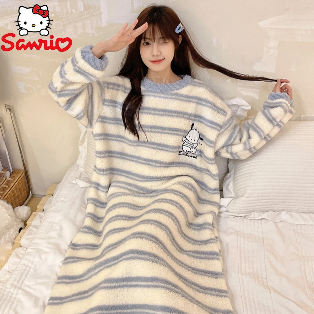 

Kawaii Sanrio Pochacco Women's Coral Velvet Nightgown Autumn Winter Girly Cartoon Thickened Warm Sweet Anime Loose Cute Homewear