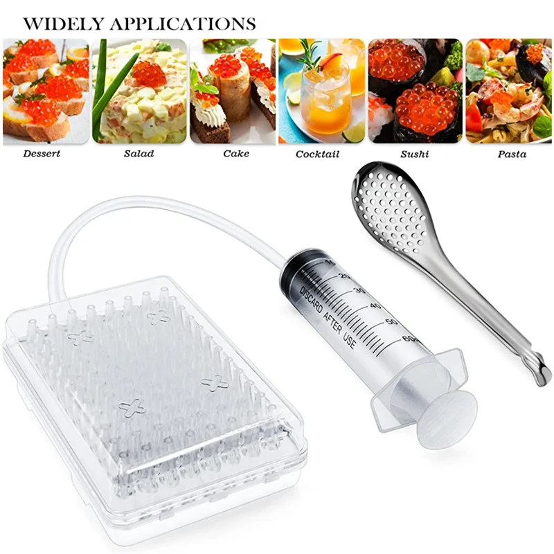 

Roe Sauce Dispenser Strainer Tools with Spoon Syringe Molecular Gastronomy Tools Kit Spherification Dropper Caviar Maker Box