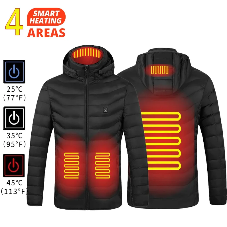 

Men 4 Areas Heated Jacket USB Winter Outdoor Electric Heating Jackets Warm Sprots Thermal Coat Clothing Heatable Cotton Jacket
