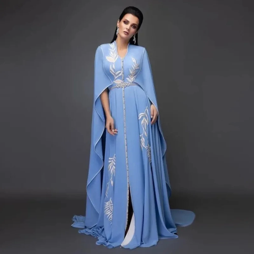 2024 New Sky Blue Arabic Evening Dresses V-Neck A-Line Light Colors Appliques Cap Sleeves Dubai Chiffon Prom Gowns Party Dress
2024 New Sky Blue Arabic Evening Dresses V-Neck A-Line Light Colors Appliques Cap Sleeves Dubai Chiffon Prom Gowns Party Dress