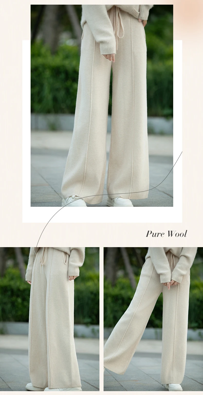 بنطلون نسائي واسع الساق من الصوف الخالص 100٪ مع جيوب للارتداء خارج المنزل، سروال للجري، ملابس نسائية بنطلون نسائي واسع الساق من الصوف الخالص 100٪ مع جيوب للارتداء خارج المنزل، سروال للجري، ملابس نسائية