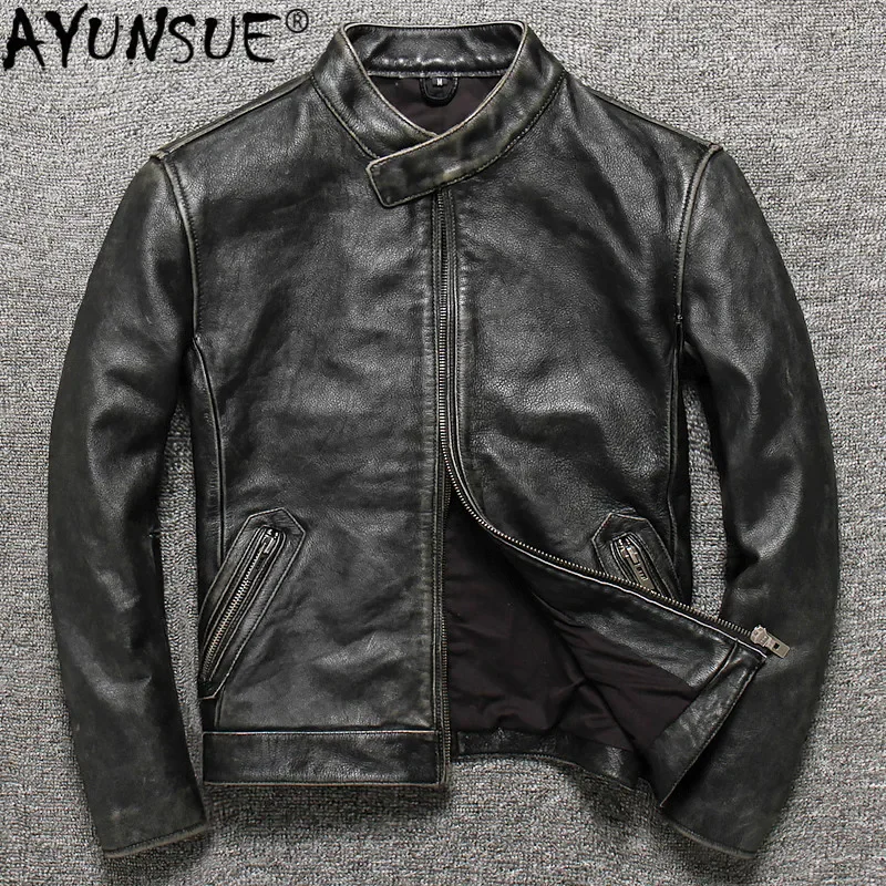 

AYUNSUE Vintage Genuine Leather Jacket Men Short Spring Autumn Mens Real Cow Leather Jacket Stand Collar Motorcycle Cowhide Slim