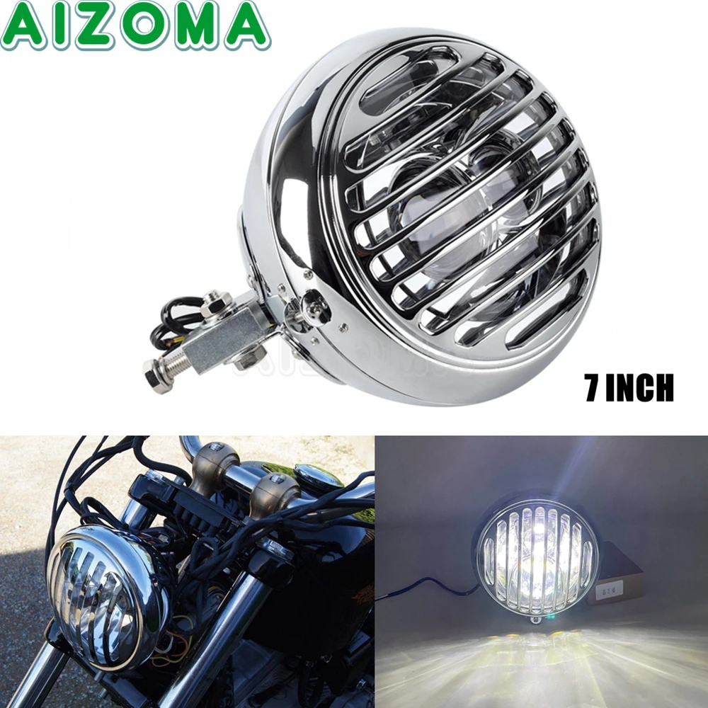 

Motorcycle Grill LED Headlight 7" Hi/Lo Beam Vintage Round Headlamp For Harley Chopper Cafe Racer Softail Heritage Fat Boy 86-14