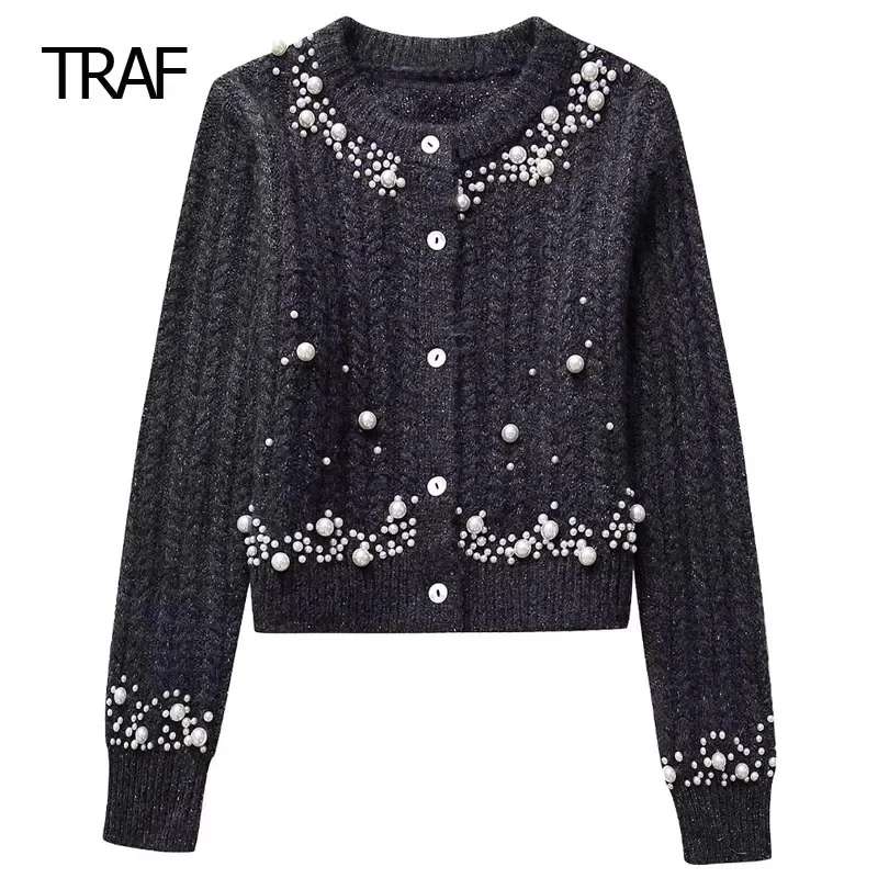 

TRAF Women's Sweater Autumn Winter Cropped Pearls Cardigan Knitted O-Neck Long Sleeve Top Elegant Women Luxury Brand Knitwears