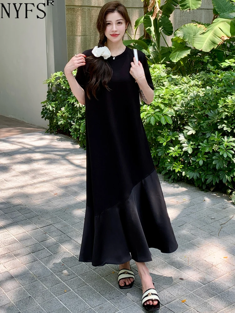 

NYFS 2024 Summer New Korea Woman Dress Vestidos Robe Elbise Loose Plus Size Patchwork Fish Tail Hem Short Sleeve Long Dress